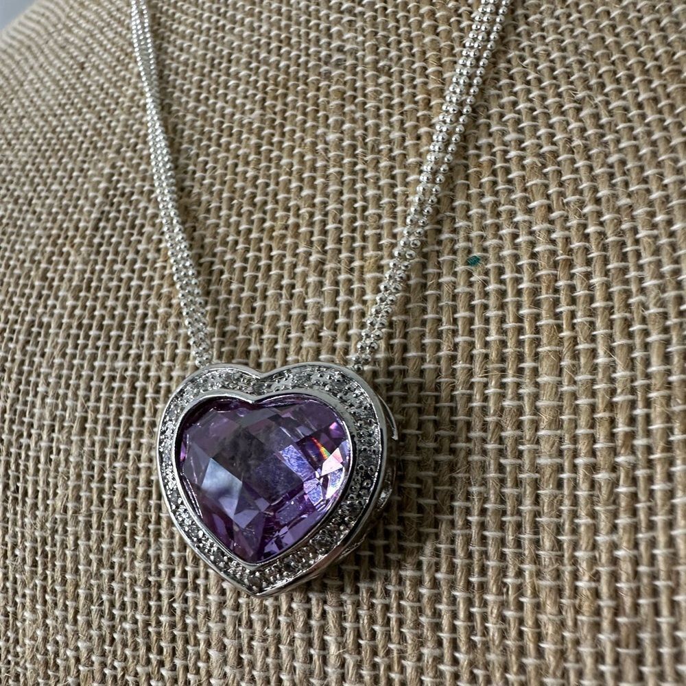 Vintage Italian 925 Sterling Purple Heart CZ Necklace - Picture 2 of 11